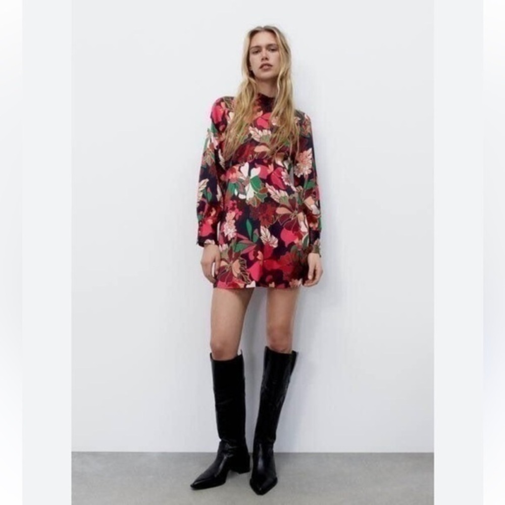 New Zara Floral Print Ling Sleeve Side Ruched Mockneck Dress